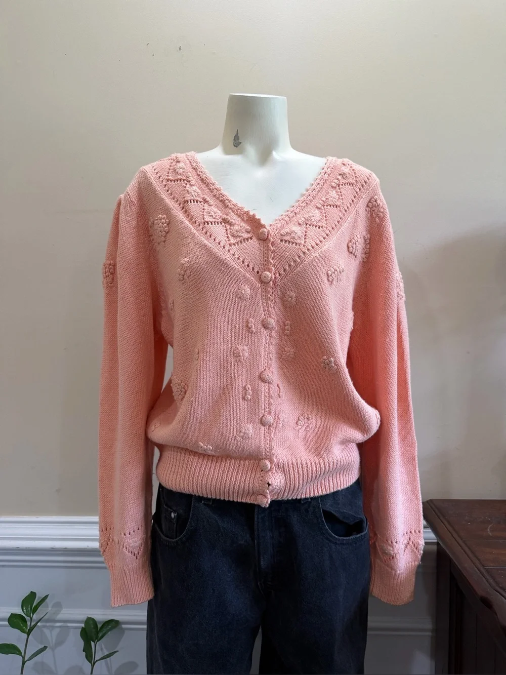 Vintage American Weekend Women's Pink V-Neck Button Cardigan Sweater - Picture 2 of 5